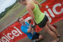 David Marshall proposes to Jessica Mitchell-Wright on the finish line of the St Lucia triathlon, Tri St Lucis