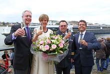 Photo Caption: from left to right: Avalon Waterways’ President Patrick Clark, godmother Judy Bailey, the ship's Captain Nico van