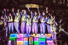 Climbers on The Vivid Climb 2016 dancing on a 70s style Disco Dance Floor at the top of the Sydney Harbour Bridge_Close up