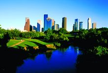 Houston's downtown skyline atop Buffalo Bayou