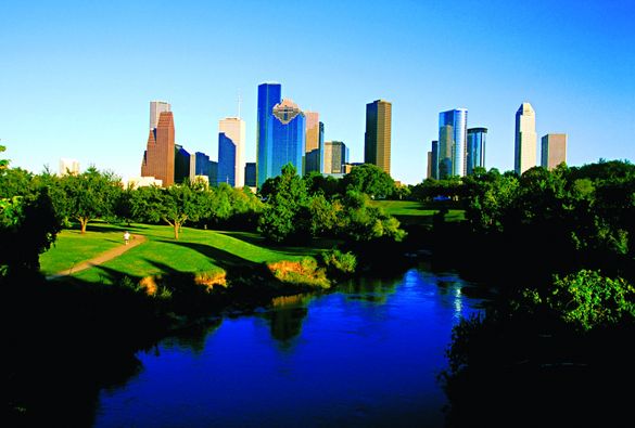 Houston\'s downtown skyline atop Buffalo Bayou