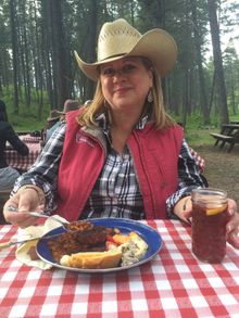 Enjoying an outdoor steak fry at Flathead Lake Lodge. 