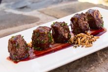 Elk meatballs with huckleberry sauce. 