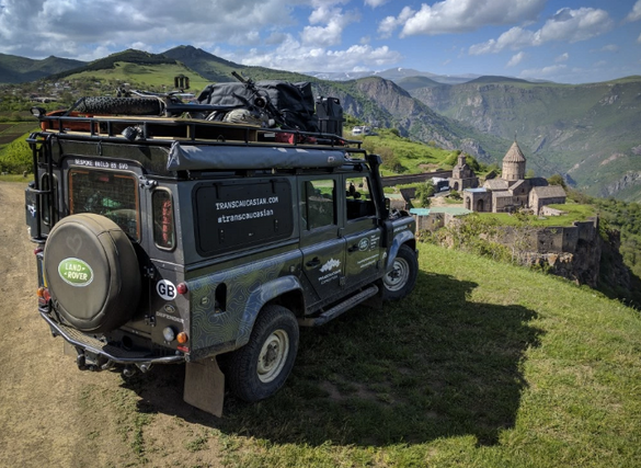 Land Rover at Armenia's Tatev Monastery, part of the Transcaucasian Expedition 2016