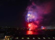 New Year's Eve fireworks over the harbour, Cockatoo Island. New Year's Eve