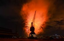 New Year's Eve fireworks with Bolt Wharf crane in foreground. Cockatoo Island