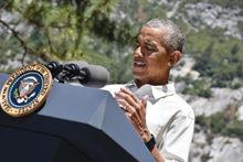 President speaking at the podium during speech in Yosemite Valley.