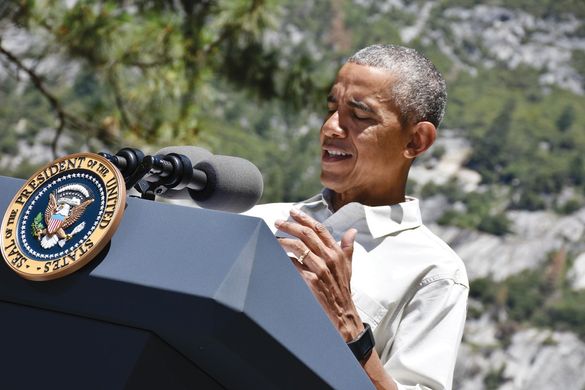 President speaking at the podium during speech in Yosemite Valley.