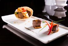 Wok fried Australian M9 Wagyu beef with Shiromaitake mushroom, Japanese green pepper