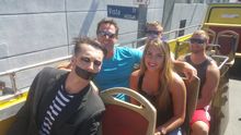 Popular mime Tape Face takes a tourist ride aboard the Starline Tours Citysightseeing Hop-On Hop-Off bus during his first visit 