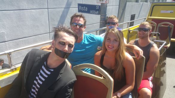 Popular mime Tape Face takes a tourist ride aboard the Starline Tours Citysightseeing Hop-On Hop-Off bus during his first visit 