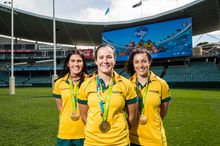 Charlotte Caslick, Shannon Parry and Emilee Cherry at the Sydney 7's announcement