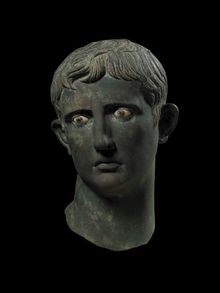 Head of Augustus   Bronze, glass and calcite, 27–25 BCE, Meroë, Sudan