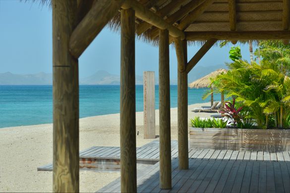 Paradise Beach Nevis Beach Bar with view of St Kitts