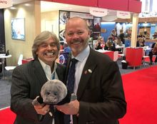 Visit Tampa Bay CEO Santiago Corrada (left) and VISIT FLORIDA CEO Will Seccombe join Mango the Manatee at WTM London in November.