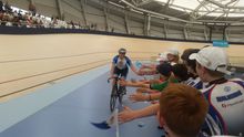 Cyclist Anna Meares takes the first lap on the GC2018 Velodrome named in her honour.