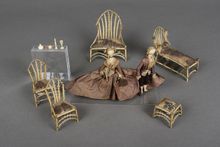 18th century quill or feather-work furniture, with a pair of fashionably-dressed 18th century dolls, Strangers’ Hall collection