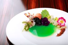 Uni Sashimi with kuro noodle, akajin & kuruma ebi sashimi with dried miso and shikuwasa dressing 