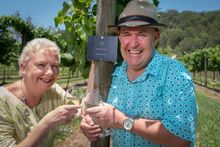 GC2018 volunteer Mark Grant and his wife Allison at their name-plated row of Semillon grapes at O'Reilly's Vineyard in the Gold Coast Hinterland.