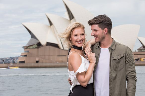 Jess Dunbar and Matt Price in front of the Sydney Opera House where they will perform at the 2017 Australia Day Concert. Credit Destination NSW