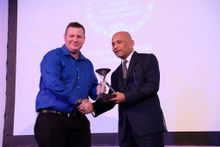 South Sea Cruises CEO Brad Rutherford accepting award from ANZ Fiji CEO Mr. Saud Abdul Minam