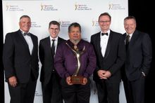 Steve Limbrick, Qantas Executive Manager Global Sales Development and Partnerships; Andrew Williams, Voyages CEO; Leroy Lester, Anangu man and Voyages Guest Activities Ambassador; John O'Sullivan, Tourism Australia Managing Director, and Manfred Pieper, V