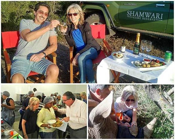 TOP: Lucille with her husband Robert enjoying sundowners at the beautiful Shamwari Game Reserve. LEFT: Kevin Chaplin, Managing Director of the Amy Foundation, and a student in the culinary program cooking Lucille’s favorite dish – vegetarian pakoras!  RIG