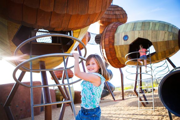 National Arboretum Canberra's Pod Playground is a popular spot for kids to hang out during school holidays.