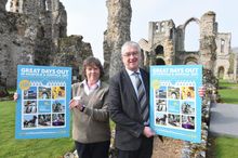 Launching Great Days Out in Norfolk & Suffolk 2017 at Castle Acre Priory (English Heritage). Julie Enefer, English Heritage and Martin Dupee Chairman NSTA and Banham Zoo