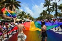 Miami Beach Gay Pride Parade and Rainbow Flag on Ocean Drive