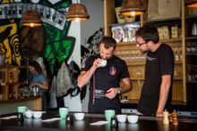Sasa Sestic experiences an educational cupping session at the Cupping Room