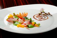 NOBU InterContinental Hong Kong - Mother's Day Dinner - ABURI MEBARU & BOTAN EBI SASHIMI   WATERCRESS, STRAWBERRY, MANGO  (landscape)