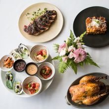 Clockwise: Australian Bone-In Wagyu Striploin (800 Grams Chargrilled, Sauce Bordelaise (8), Adriana’s Lasagna – Prosciutto, Chorizo, Parmesan, Mozzarella, Napoletana Sauce (), -	Fadi Whole Organic Chicken – Thigh – Chicken Mousse, Heirloom Cauliflow 