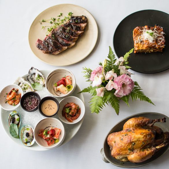 Clockwise: Australian Bone-In Wagyu Striploin (800 Grams Chargrilled, Sauce Bordelaise (8), Adriana’s Lasagna – Prosciutto, Chorizo, Parmesan, Mozzarella, Napoletana Sauce (), -	Fadi Whole Organic Chicken – Thigh – Chicken Mousse, Heirloom Cauliflow 
