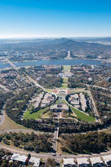 Aerial view of Canberra from Parliament House across Lake Burley Griffin: Pic: Chris Holly