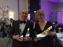 Marks Barfield Architects director Ian Crockford and architect Georgina Vizor collect three RICS awards for British Airways i360