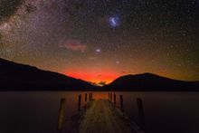 New Zealand's Southern Lights or Aurora Australis as seen from Lake Rotoiti in the Nelson Lakes National Park on the west coast of the South Island