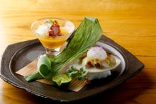 HAMAGURI SAKAMUSHI   FOIE GRAS MISO    BOTAN EBI & TSUBAME NO SU   YUBARI MELON GAZPACHO - h