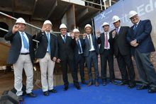 Photographed from left to right: Xavier Leclercq, SVP, Newbuild & Innovation, Royal Caribbean Cruises, Ltd.; Laurent Castaing, General Manager, STX France; Costas Nestoroudis, Captain of Celebrity Edge; Jean-Yves Jaouen, Operations Senior Vice President, 