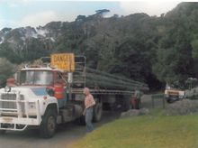 Lorries trucks deliver the 20-metre long power poles