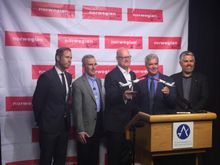 (Anders Lindström, Norwegian Air, Jim Smith, ABIA Director, Tom Noonan, President and CEO of Visit Austin, Doug Driskill, Dell Executive and Chair of Airport Task Force, and Austin City Council Member Jimmy Flannigan, Disctrict 6, at the press conference 