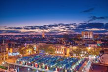View across Norwich Market to Norwich Cathedral 