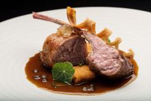 Honeyed and crunchy suckling lamb over a lentil stew, seasoned with raz el hanout, and pumpkin ravioli (M.B.)