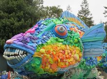 Parrot Fish Sculpture in Washed Ashore: Art to Save the Sea Exhibit at Mounts Botanical Garden