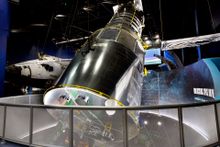 A high-fidelity replica shows the Hubble Space Telescope in all its glory, 43 feet long and 14 feet in diameter.