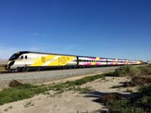 BrightPink in Indio, California, on its 3,000 mile trip to Workshop b, Brightline’s railroad operations center in West Palm Beach, Florida.