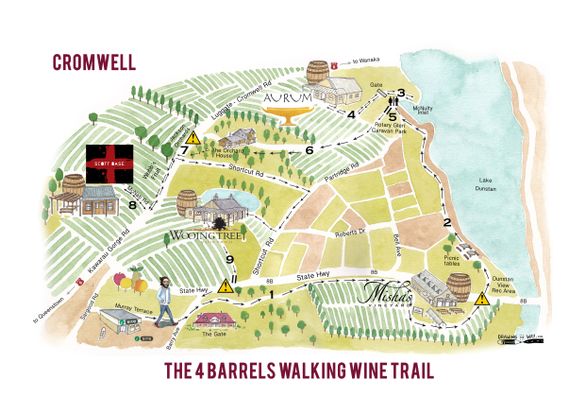 The 4 Barrels Walking Wine Trail brochure includes an illustrated trail map designed by South American artists Marcelilla Pilla and Leandro Baud, who now live in New Zealand