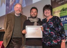 (l-r) Bill Bryson, Khalid Lamlih, Lyn Hughes