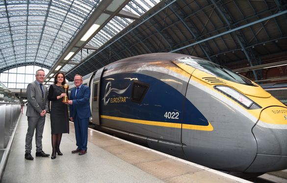 Photo Caption: Ryder Cup Rendezvous: The Ryder Cup trophy arrives in front of a Eurostar train, Official Supplier of The 2018 Ryder Cup, at London St Pancras International, where it was on display to fans on Thursday October 26. Eurostar will be transport Photo Caption: Ryder Cup Rendezvous: The Ryder Cup trophy arrives in front of a Eurostar train, Official Supplier of The 2018 Ryder Cup, at London St Pancras International, where it was on display to fans on Thursday October 26. Eurostar will be transport