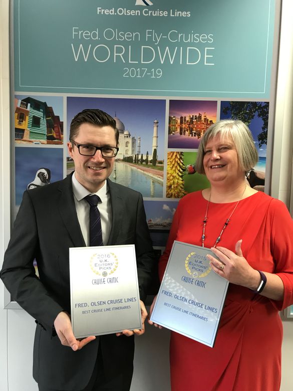 Martin Lister, Head of Itinerary Planning & Destination Experience for Fred Olsen Cruise Lines with Clare Ward, Product and Customer Service Director, with the 2015 and 2016 ‘Best for Itineraries’ awards.
